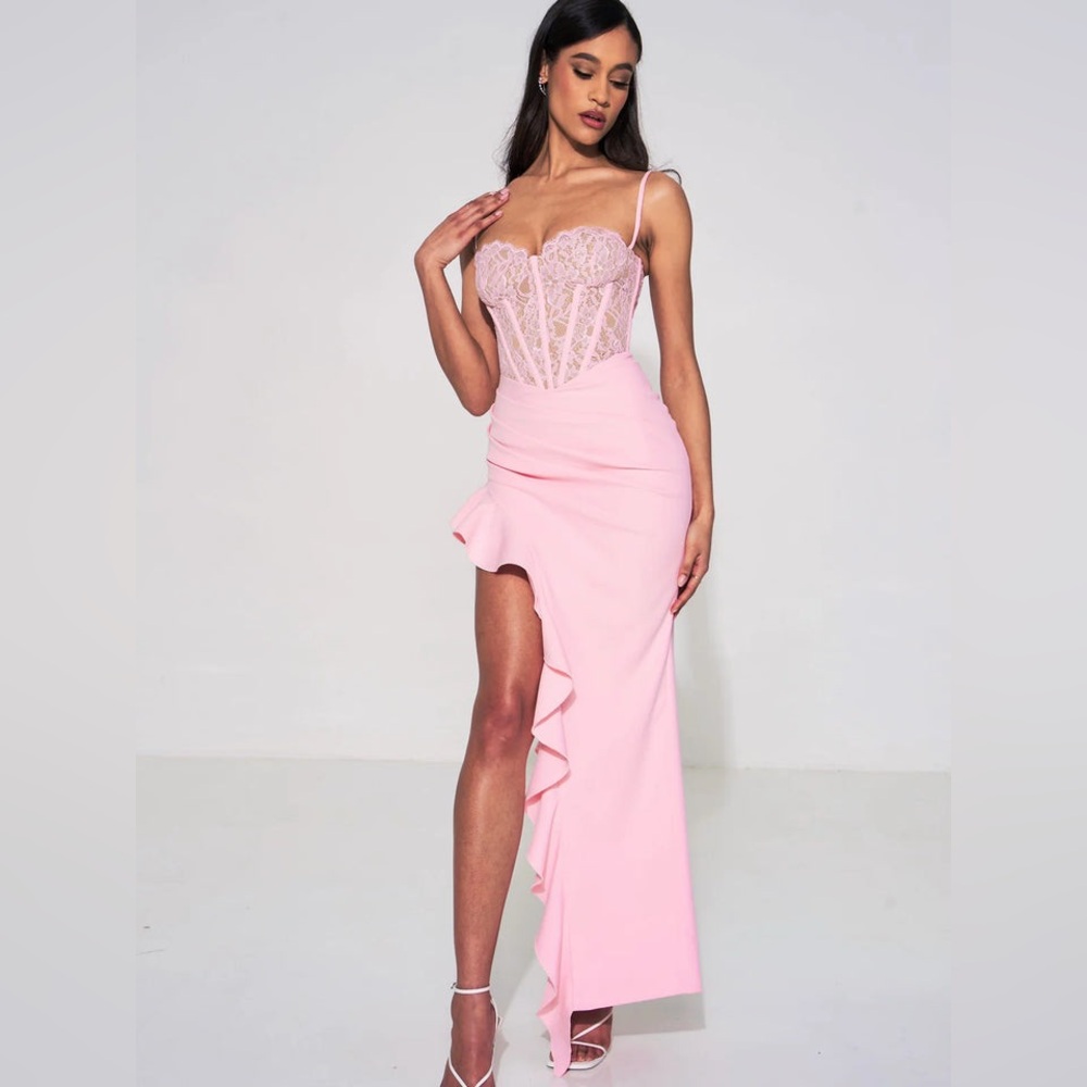 Miss Circle Junia Lace Corset Ruffle Hem Maxi Dress Asymmetrical Pink Medium